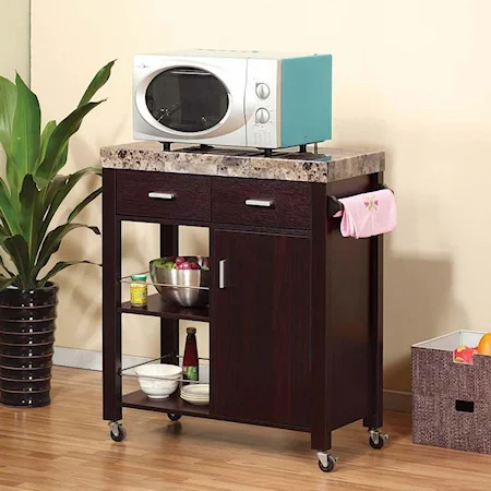 Kitchen Cabinet Cart with Faux Marble Top and Casters